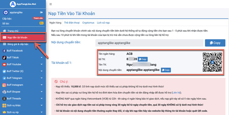 Nạp tiền vào tài khoản trên AppTangLike.Net