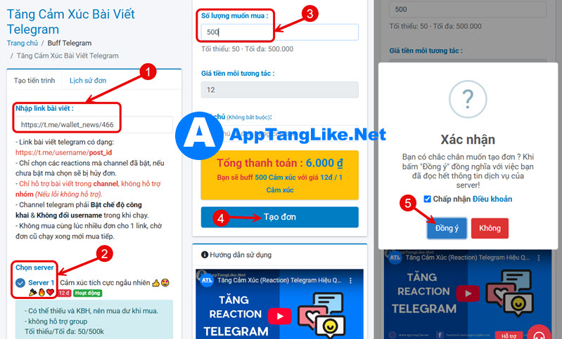 Tạo đơn buff react telegram