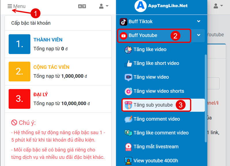 Truy cập trang tăng subscibe youtube