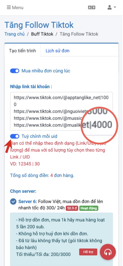 Tùy chỉnh số lượng từng link